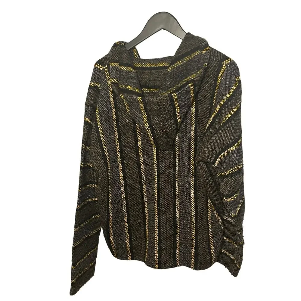 VTG Molina Baja Hoodie Charcoal Grey Yellow Striped Mexican Rug Hoodie Gorpcore
